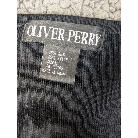 Oliver Perry Silk Blend Cardigan Red Black Stripe Size Large Button Up Long Slv - Picture 2 of 7